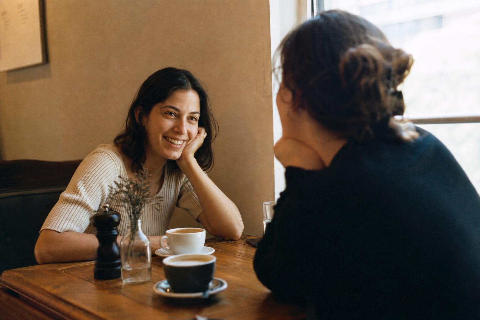 Zwei Menschen lachen entspannt bei Kaffee am Küchentisch